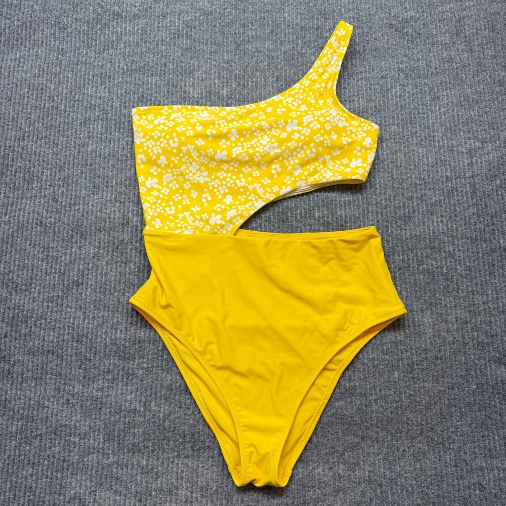 Aerie Yellow Floral One‎ Piece Swimsuit L Cheeky High Rise Asymmetrical Cute